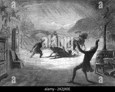 Henry Iriving (1838-1905), englischer Schauspieler-Manager, spielte in der ersten Produktion von 'The Bells', die ihn über Nacht berühmt machte. Hier träumt Mathias (Irving) von dem Vorfall vor 15 Jahren, als er einen polnischen Juden tötete. Lyceum Theatre, London, 1871. Aus „The Illustrated London News“ (London, 1871). Gravur. Stockfoto