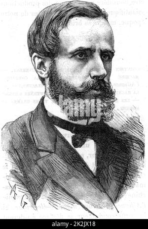 (Raymond) Gaston Plante (1834-1889) französischer Physiker, der 1859 den ersten Akku oder die erste elektrische Speicherbatterie erfand. Es handelte sich um eine Nasszelle mit zwei Bleiplatten, die in Schwefelsäure, dem Elektrolyten, eingetaucht waren. Stich aus 'Les Merveilles de la Science' von Louis Figuier (Paris, c1870). Stockfoto