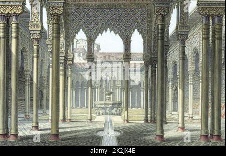 Alhambra-Palast der maurischen Könige von Granada wurde teilweise von Kaiser Karl V. c1530 umgebaut. Gericht der Löwen. Ende des 19.. Jahrhunderts mit Farbdruck Stockfoto