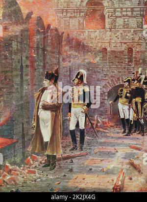 Napoleon und seine Mitarbeiter beobachten die Verbrennung Moskaus, 14. September 1812. Ende des 19.. Jahrhunderts Illustration Stockfoto