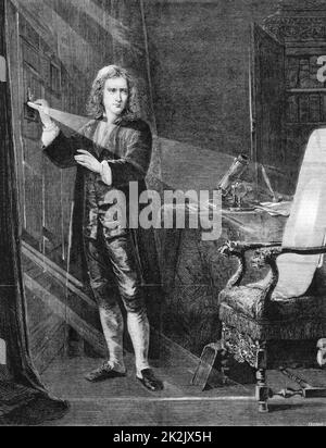 Isaac Newton (1642-1727) englischer Wissenschaftler und Mathematiker. „Newton Untersucht Licht“. Stich nach Bild von J A Houston veröffentlicht c1879 Stockfoto