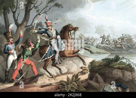 Napoleonische Kriege: Schlacht von Albuera 16. Mai 1811, Beresford besiegt Soult. Sergeant von 18. Hussaren (Briten) nimmt französische Offiziere gefangen. Handkoloriertes Aquatinta nach W Heath 1817 Stockfoto