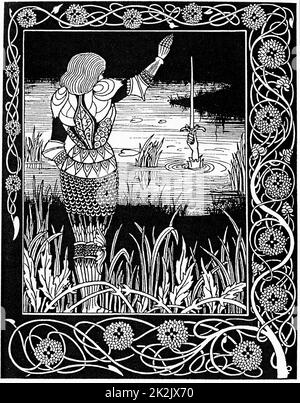 Hand in den See fordert Excalibur, das Schwert von König Artus zurück. 1893 Illustration von Aubrey Beardsley für Thomas Mallory 'Le Morte D'arthur'. Holzschnitt Stockfoto