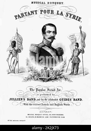 Napoleon III. (Louis-Napoleon) 1808-73. Kaiser der Franzosen 1852-70. Porträtstich auf dem Titelblatt von Notenblättern, die anlässlich seines Besuchs in London mit Kaiserin Eugenie im April 1855 veröffentlicht wurden und die französisch-britische Zusammenarbeit während des Krimkrieges feierten. Zu den Musikstücken gehörte Partant pour la Syrie von seiner Mutter Hortense Beauharnais, Napoleons Stieftochter. Stockfoto