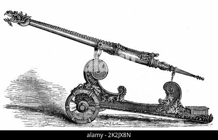 Doppelläufigen Dragonneau in 1503 gegossen. Gravur des Elements in königliche Waffenkammer, Madrid Stockfoto