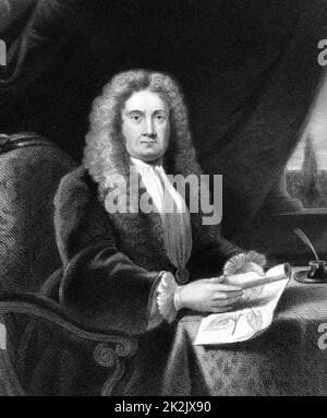 Hans Sloane (1660-1753. Englischer Arzt und Naturforscher. Gründung des Chelsea Physic Garden: Secretary of the Royal Society (1693-1713): Spende einer Bibliothek mit 50.000 Büchern und 3.500 Manuskripten an British Museum Engraving. Stockfoto