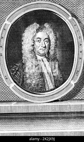 Hans Sloane (1660-1753). Englischer Arzt und Naturforscher. Gründung des Chelsea Physic Garden: Secretary of the Royal Society (1693-1713):Schenkung der Bibliothek mit 50.000 Büchern und 3.500 Manuskripten an das British Museum Engraving, das 1753, dem Jahr seines Deat, veröffentlicht wurde Stockfoto