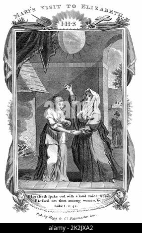 Die Jungfrau Maria besucht ihre Cousine Elisabeth, die „Selig bist du unter den Frauen“ ruft, weil sie lernt, dass Maria mit dem Sohn Gottes schwanger ist. „Bibel“ Lukas 1,42. Kupferstich c1808. Stockfoto