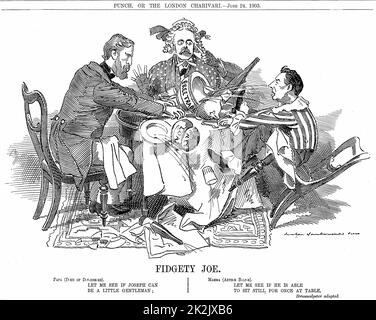 Koalitionsregierung. Duke of Devonshire und Arthur Balfour (Mitte) versuchen, Joseph Chamberlain, den Führer der Juniorpartei in der Koalition, unter Kontrolle zu bringen. Im September 1903 trat er zurück, um sich für seine Tarifreformen einzusetzen. Karikatur von Edward Linley Sambourne aus „Punch“ London, 24. Juni 1903 Stockfoto