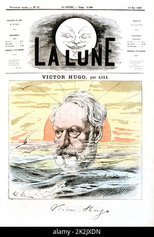 Victor Marie Hugo (1802-1885), französischer Dichter, Dramatiker und Romancier. Von einem Cartoon von Andre Gill "La Lune", Paris, 19. Mai 1867 in Anspielung auf Hugo's Exil in Guernsey. Stockfoto