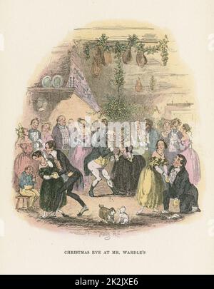 Heiligabend im Mr Wardle's. Herr Pickwick küsst eine Dame unter dem Mistelzweig. Illustration von 'Piz' (Hablot Knight Browne - 1815-1882) für Charles Dickens 'Posthumous Papers of the Pickwick Club', ursprünglich 1836-1837 in London veröffentlicht Stockfoto