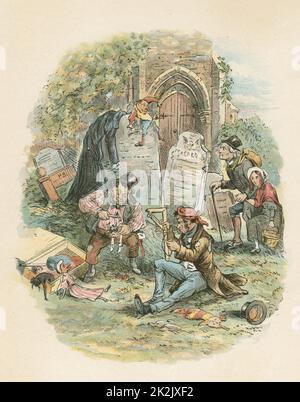 „The Old Curioity Shop“, Charles Dickens, 1841. Die kleine Nell und ihr Großvater auf ihrer Wanderschaft mit Codlin und Short, den Punch- und Judy-Männern Stockfoto