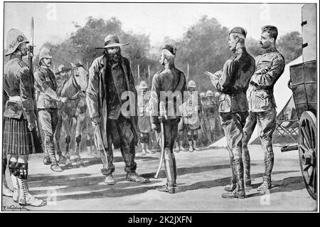 Piet Cronje (1835-1911) Südafrikanische Soldaten. In lst (1880-1881) und der zweiten (1899-1902) Boer Kriege geführt. Cronje Hingabe an den Herrn Roberts, der britische Commander-in-chief, bei Paardeberg, 1900. Stockfoto