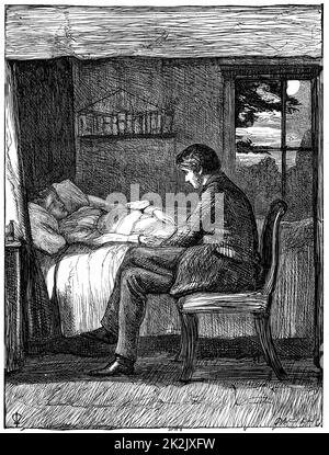 Will beim Sterbebett seines Freundes zuschauen und zuhören. Illustration von John Everett Millais (1829-1896) englischer Künstler und Gründungsmitglied der Pre-Raphaelite Brotherhood, für Owen Merediths Gedicht „Last Words“ aus dem „The Cornhill Magazine“, London, November 1860. Owen Meredith Pseudonym von Edward Robert Bulwer Lytton (1831-1891) lst Earl Lytton. Gravur Stockfoto