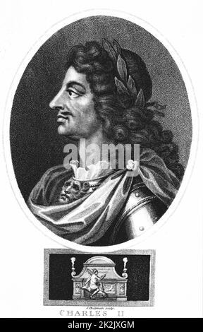 Karl II. (1630-85) König von Großbritannien und Irland ab 1660 nach der Wiederherstellung der Monarchie. Gravur mit Charles im Profil, mit Rüstung und Lorbeerkranz Stockfoto