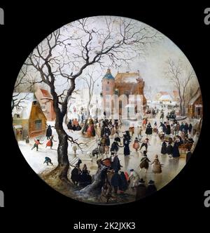 Gemälde mit dem Titel "A Winterszene mit Skatern in der Nähe einer Burg" von Hendrick Avercamp, (1585-1634) ein niederländischer Maler und Porträtist. Vom 17. Jahrhundert Stockfoto