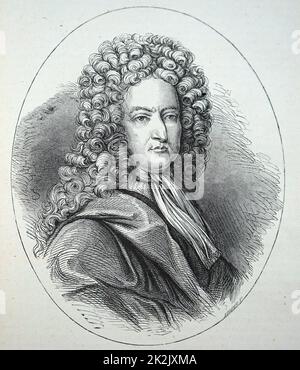 Gravierte Portrait von Daniel Defoe (1660-1731) eine englische Händler, Schriftstellerin, Journalistin, Pamphletisten und Spion. Vom 18. Jahrhundert Stockfoto