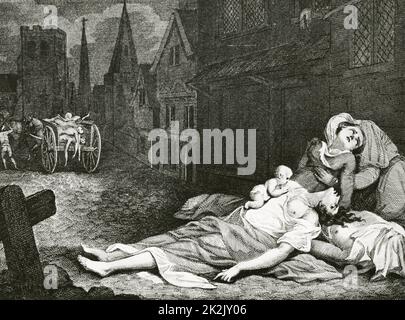 „Plague of London, 1665: Straßenszene mit zur Abholung bereitliegenden Leichen, während ein Todeswagen zu den Pestgruben gefahren wird. Gravur c1830.' Stockfoto