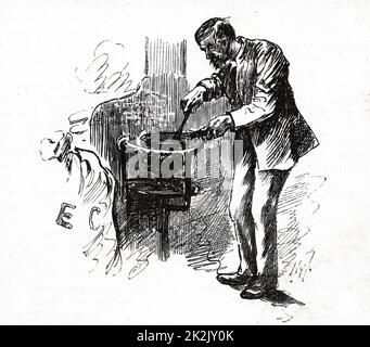 „Erhitzen des Wachses, mit dem die Versandtaschen vor dem Versand versiegelt wurden. The General Post Office, St. Martin's le Grand, London. Gravur, London, 1884,' Stockfoto