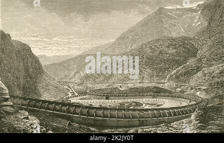 „Das Savoy-Ende des Frejus-Eisenbahntunnels (Mont Cenis-Tunnel) durch die Alpen, der Frankreich und Italien verbindet. Erbaut 1857-1871. Gravur c1890.' Stockfoto