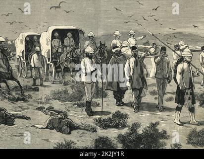 Rotes Kreuz sammelt britische Verwundete nach der zweiten Schlacht von El Teb, Sudan, 1884. Stockfoto