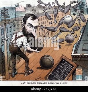 Jay Goulds private Bowlingbahn von Frederick Burr Opper 1857-1937, Künstler. Vom 1882 . Druck, der Jay Gould beim Bowling an der Wall Street zeigt, indem Bowlingkugeln mit der Aufschrift „Private Press, General Skrupulousness, False Reports and Trickery“ verwendet werden, um Stifte mit der Aufschrift „Banker, Small Operator, Speculator, Stock Dabbler, Broker, Unerfahrener Investor, Kapitalist, Curb Stone Broker“. Enthält einen Schiefer, der Goulds Beteiligungen an verschiedenen Eisenbahnen, „Western Union, Missouri Pacific, Manhattan „L“, Wabash, New York Metr. „L“, Wabash Preferred“ in Summe „53.000.000“. Stockfoto