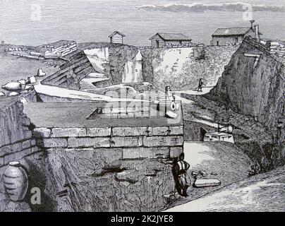 Gravur mit den Ausgrabungen im Tempel der Athene in Troja Stockfoto