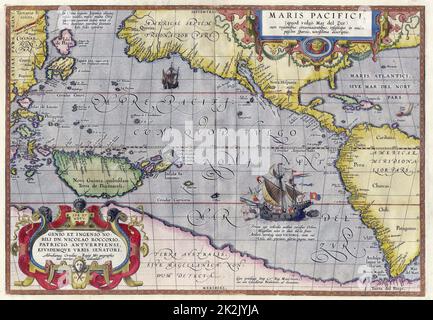Maris Pacifici von Ortelius (1589). Diese Karte wurde 1589 in seinem Theatrum Orbis Terrarum veröffentlicht. Es war nicht nur die erste gedruckte Karte des Pazifiks, sondern zeigte auch zum ersten Mal Amerika und den Pazifischen Ozean. Stockfoto