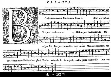 Zusammensetzung von Orlande de Lassus (auch Orlandus Lassus, Orlando di Lasso, Roland de Lassus, oder Roland Delattre) (1532 (evtl. 1530) - Juni 14, 1594) war ein franko-flämischen Komponisten der späten Renaissance Musik. Stockfoto