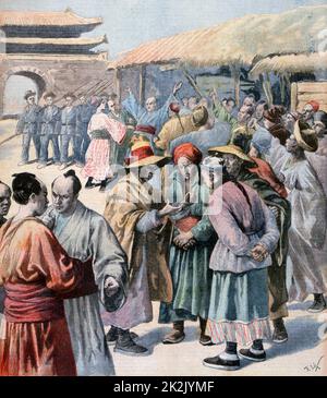 Erster chinesisch-japanischer Krieg 1894-1895: Unruhen in Seoul. Japan marschierte unter dem Vorwand, das Land vor China zu retten, in Korea ein. Betrat Seoul am 23. Juli und beschlagnahmte koreanischen Kaiser. Vom 'Le Petit Journal', 13. August 1894. Stockfoto