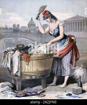 Paris Karneval, die von der Offenbarung dauerte zur Fastenzeit, gewählt, eine Königin der Wäscherinnen. Marianne, Symbol der Freiheit, mit Waschmaschine Whirlpool und gezeigt. Von "Le Petit Journal", Paris, Frankreich, 25. Februar 1893. Stockfoto