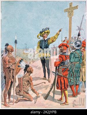 Jacques Cartier (1491-1557) französischer Forscher auf seiner ersten Reise, die am 24. Juli 1534 in Gaspe Bay, Kanada, Kontakt mit den St. Lawrence Iroquoians aufnahm und ein 10-Meter-Kreuz im Namen Frankreichs einpflanzte, das das Gebiet beanspruchte. Stockfoto