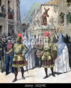 Karfreitagszug in Sevilla, Spanien. Figur von Christus, der sein Kreuz trägt und durch die Straßen der Stadt gezogen wird. Vom 'Le Petit Journal', Paris, 28. März 1891. Stockfoto