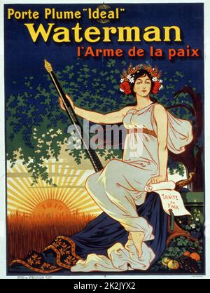 Porte plume 'ideal' Waterman l'arme de la paix. Eine Frau mit einem riesigen Füllfederhalter. (Plakat), Lithographie, Paris signiert: Ogé. 1919. Übersetzung des Titels: Trage den 'idealen' Waterman-Stift, die Waffe des Friedens. Stockfoto