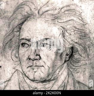 Ludwig van Beethoven (16. Dezember 1770 - vom 26. März 1827) war ein deutscher Komponist und Pianist. Er war eine zentrale Figur in der Übergangszeit zwischen der Klassik und Romantik in westlicher klassischer Musik, und ist einer der renommiertesten und einflussreichsten Komponisten aller Zeiten. Portrait von Beethoven 1818 von August Klöber Stockfoto