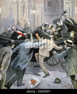 Attentat auf den französischen Präsidenten Sadi Carnot durch den italienischen Anarchisten Santo Caserio in Lyon, 24. Juni 1894. Aus Dem 'Le Petit Journal', Paris, 2. Juli 1894. Stockfoto