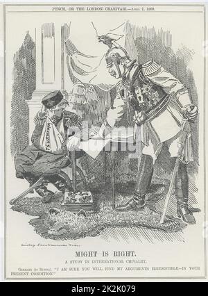 Macht ist Recht". Deutschland (Wilhelm II.) Mobbing (Russland Nikolaus II.), noch gedemütigt, geschlagen und schwach von Niederlage im Russisch-Japanischen Krieg (1904-1905), in der die russische Flotte zerstört wurde. Cartoon von Edward Linley Sambourne von 'Lochen', London, 7. April 1909. Stockfoto