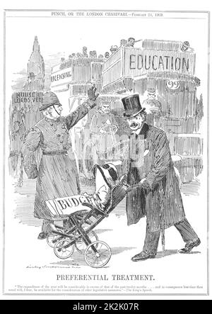 Bevorzugte Behandlung': Der Premierminister Herbert Asquith, in Gestalt eines Polizisten, hält den Verkehr mit verschiedenen Anforderungen für die Finanzierung, so dass Lloyd George, Kanzler der Staatskasse, können sich Rad sein Budget in das Unterhaus. Cartoon von Edward Linley Sambourne von 'Lochen', Ondon, 21. Februar 1909. Stockfoto