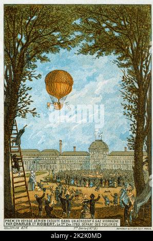 Erste bemannte Flug in einem Wasserstoff-Ballon von Jacques Charles und Nicolas-Louis Robert aus der Jardin des Tuileries, Paris, Frankreich, 1. Dezember 1783 gestellt. Fahrstrecke 36 km in 2 Stunden und 5 Minuten. Luftfahrt Luftfahrt Ballonfahren Fliegen Stockfoto