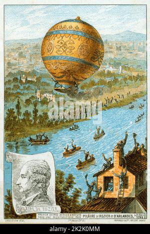 Erste bemannte kostenlose Ballonfahrt, Pilatre de Rozier und der Marquis d'Arlandes, 21. November 1783, in Montgolfier (heiße Luft) Ballon vom Bois de Boulogne, Paris, Frankreich, 9 km in 25 Minuten. Luftfahrt Luftfahrt Ballooning Stockfoto