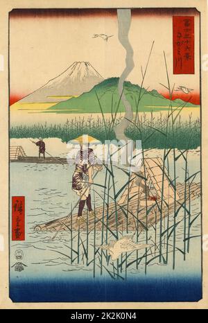 Mount Fuji aus der Sagami River: Von '36 Blick auf Mount Fuji' 1858. Utagawa Hiroshige (1797-1858) japanischen Ukiyo-e Künstlers. Zwei Männer poling Bambusflöße. Landschaft Wasser Schilf Brazier Vogel Beron Stockfoto