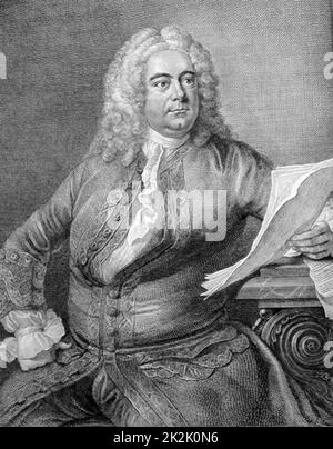 George Frederic Händel (1685-1759) in Deutschland geborener englischer Barockkomponist. Porträtstich aus der Edition von Händels Werken von Thomas Arne. Stockfoto