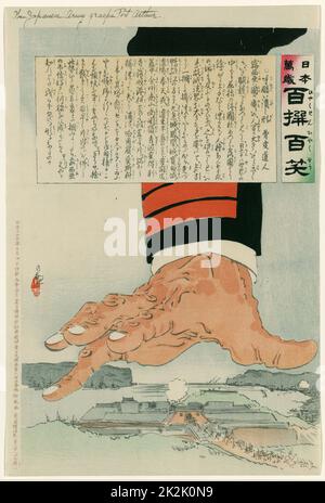 Russisch-japanische Krieg 1904-1905: Eine riesige Japanische hand Zerkleinern von Port Arthur (Lushun) vom 25. Juli 1904. Russland schließlich kapituliert Port Arthur am 2. Januar 1905. Kobayashi Kiyochika (1847-1915), japanischer Künstler. Stockfoto