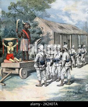 Zweiter Franco-Dahomean-Krieg 1892-1894: Idol des Dahomeanischen kriegsgottes, der von den Franzosen nach der Einnahme von Kanu gefangen genommen wurde. Aus Dem 'Le Petit Journal', Paris, 26. November 1892. Stockfoto
