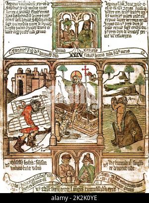 Die Biblia pauperum ('Paupers' Bible') war eine Bilderbibel, um die Bücher der Bibel visuell darzustellen. Im Gegensatz zu einer einfachen 'illustrierten Bibel', in der die Bilder dem Text untergeordnet sind, stellten diese Bibeln die Illustration in die Mitte, mit nur einem kurzen Text oder gar keinem Text. Hier: Blatt 29, 'die Auferstehung', flankiert von Samson entfernt links die Tore des Gazastreifens, und Jonah rechts entlassen. ca.1465 Holzschnitt-Seite aus einem Blockbuch Stockfoto