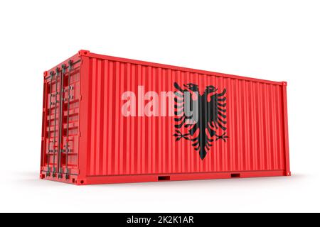 Realistischer Frachtcontainer mit Flagge Albaniens strukturiert. Isoliert. 3D-Rendering Stockfoto