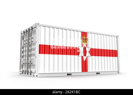 Realistischer Frachtcontainer mit Flagge von Nordirland strukturiert. Isoliert. 3D-Rendering Stockfoto