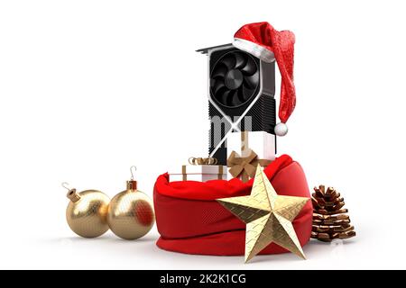 Moderne Grafikkarte und Sack mit Weihnachtsgeschenken. Weihnachts-Tech-Konzept. 3D-Rendering Stockfoto