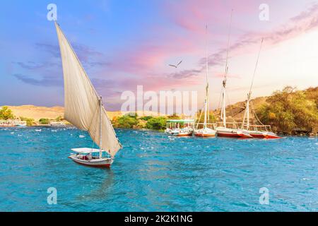 Assuan Stadt in Ägypten, schöne Landschaft des Nils mit Segelbooten Stockfoto