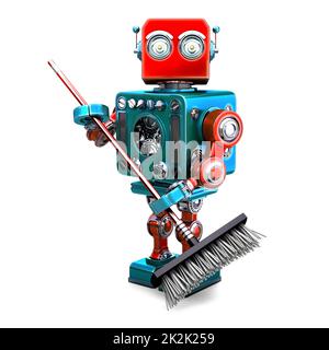 Roboterreiniger mit Besen. 3D Abbildung. Isoliert. Enthält Beschneidungspfad Stockfoto